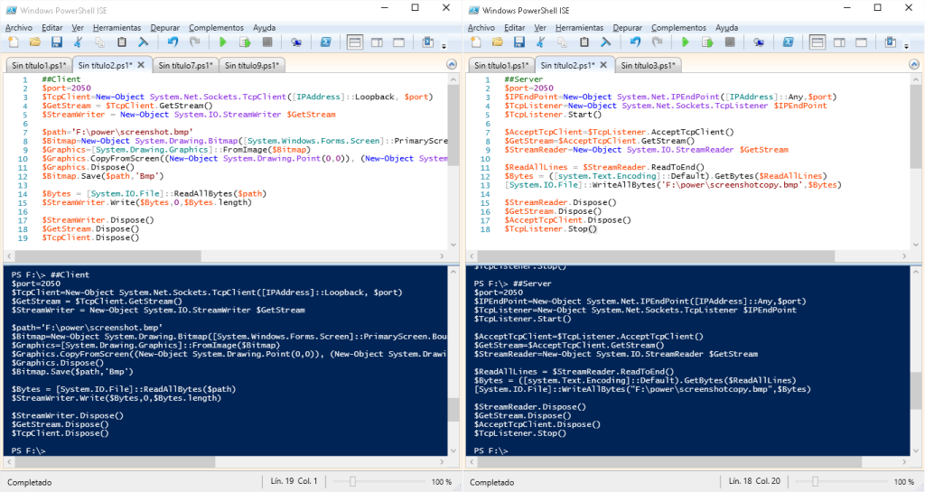 Transfer screenshot between server and client using PowerShell (Sockets