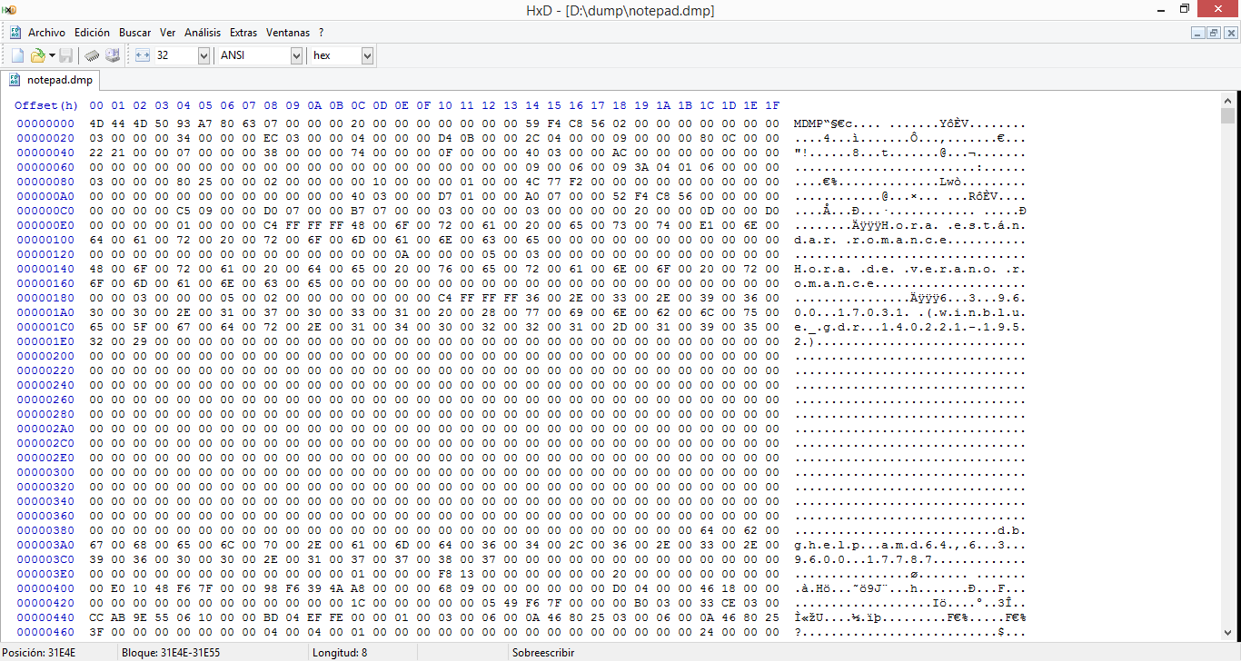 Abrir el fichero de volcado de memoria con un editor hexadecimal