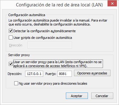 Configuración de la red de área local Servidor proxy