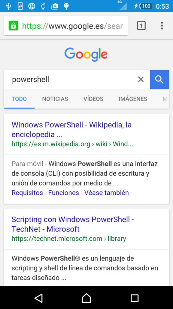 Captura de realizar una búsqueda con Google Chome en Android mediante ADB a través de PowerShell