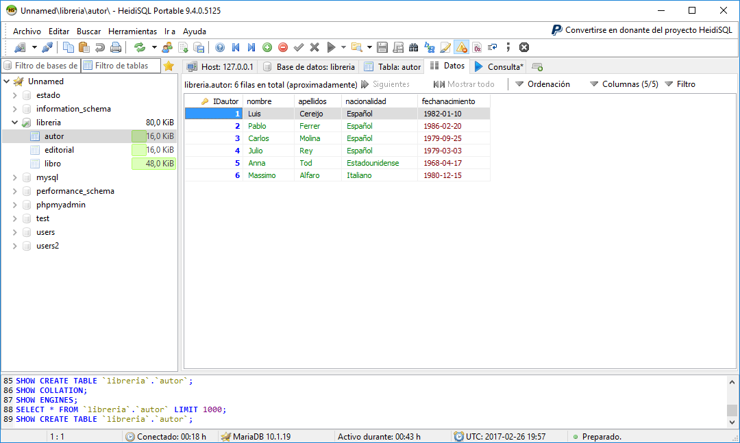 Ejercicios de MySQL: insertar datos en la tabla autor de la base de ...