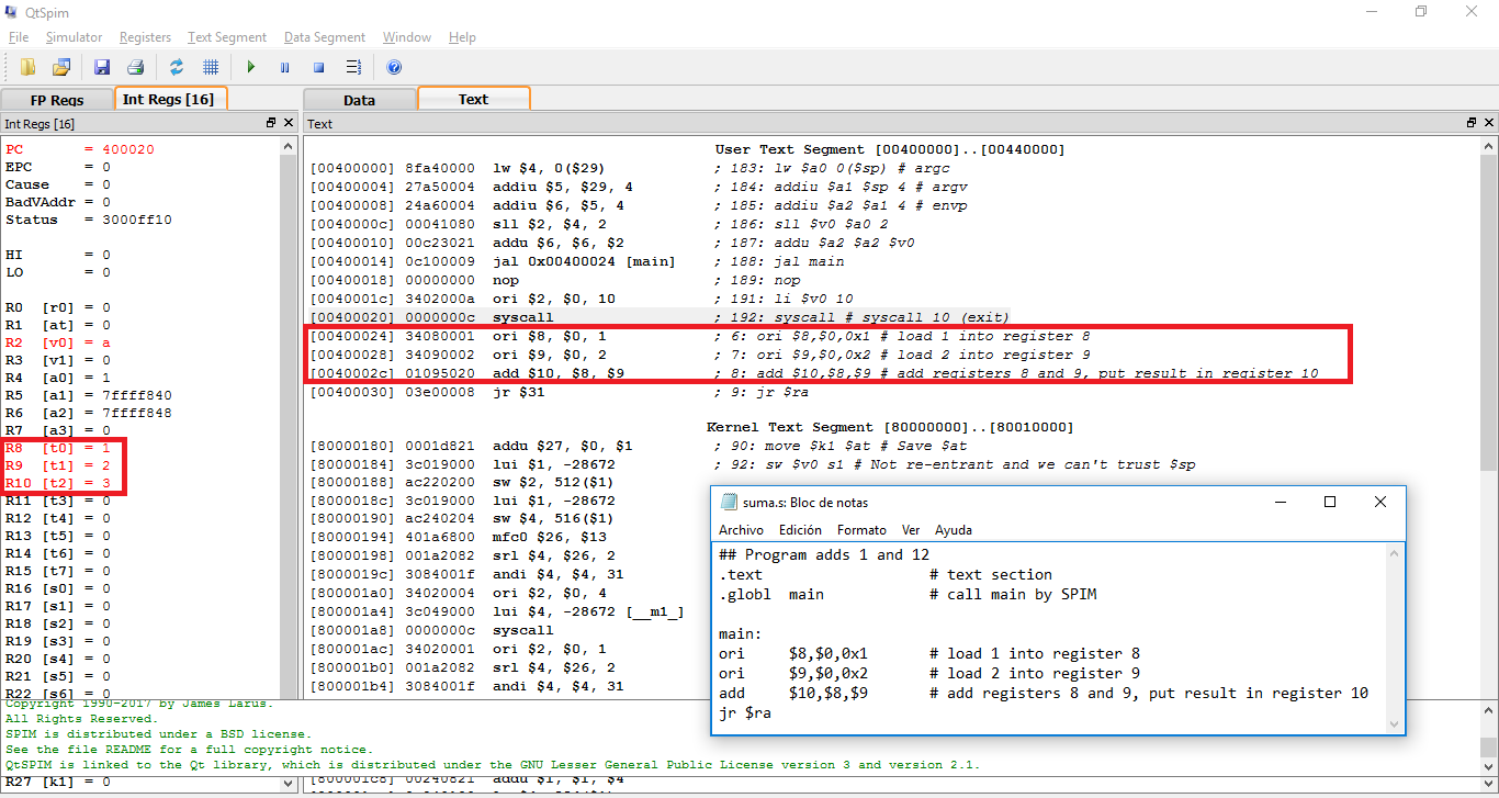 Realizar una suma de dos números en lenguaje ensamblador con QtSpim ...