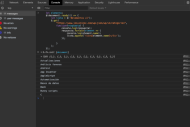 Crear una petición en AJAX mediante jQuery que muestre los elementos de un recurso JSON en concreto listar las categorías de un WordPress