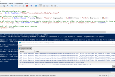 Ejercicios de PowerShell: obtener un listado de vídeos en formato JSON (Invoke-RestMethod), mostrarlos en una tabla interactiva (Out-GridView), seleccionar un vídeo en la tabla y reproducirlo (Start-Process)