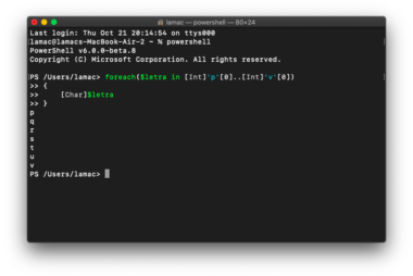 Ejercicios de PowerShell: mostrar todas las letras que hay de la ‘p’ a la ‘v’
